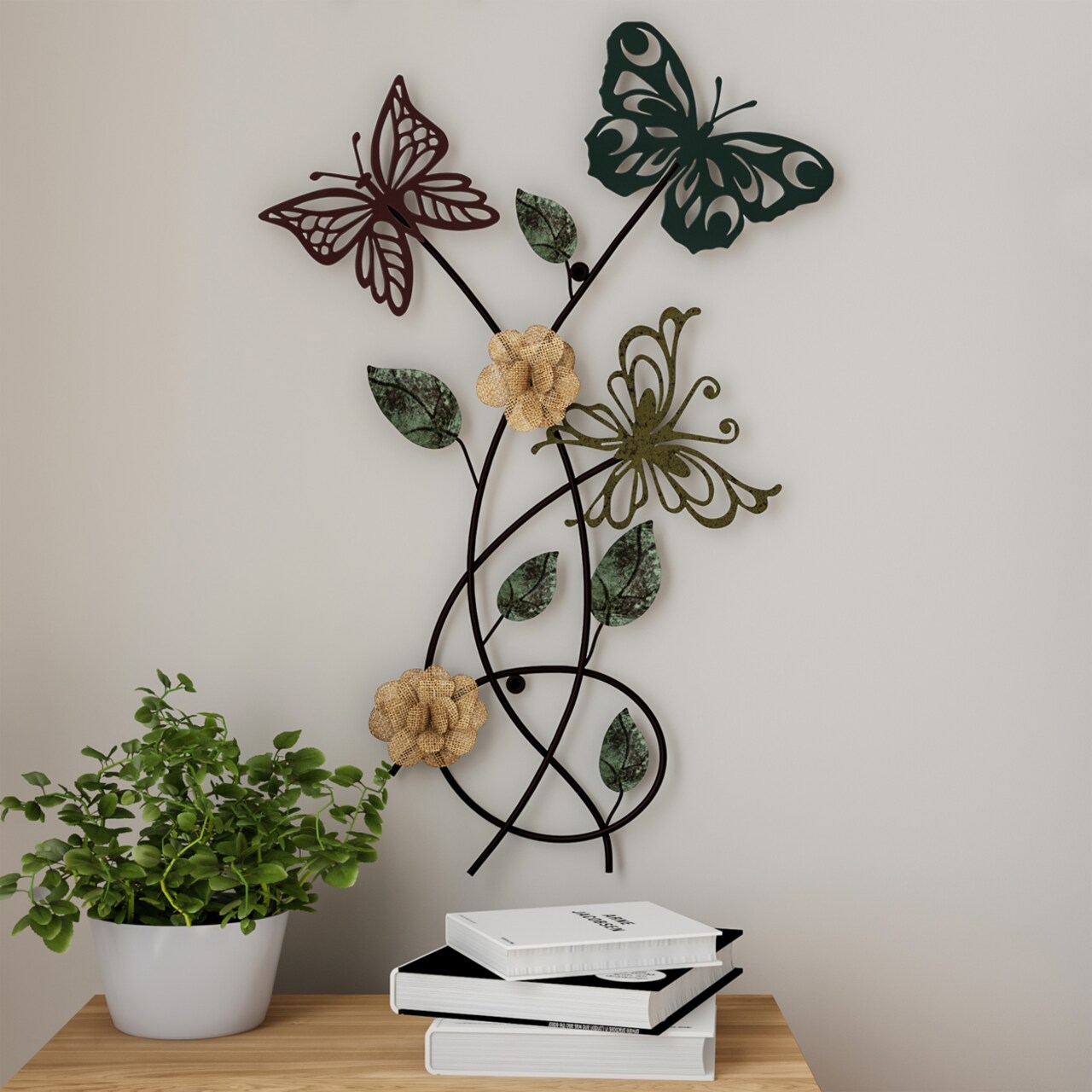 Lavish Home Garden Butterfly Metal Wall Art- Hand Painted Decorative 3D  Butterflies/Flowers